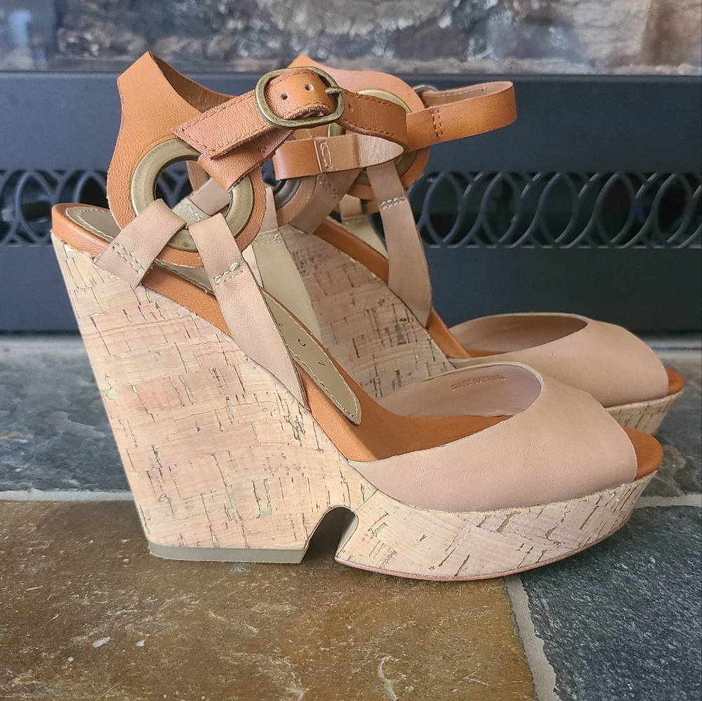Lola Cruz Brown Leather and Cork Strappy Peep Toe Wedge Heels Size 36/US sz 6